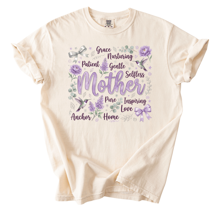 The image is a t-shirt with a floral design and text printed on it.