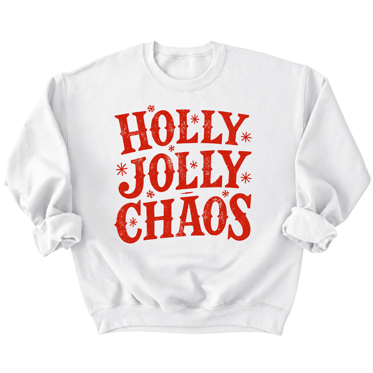 A white sweatshirt with the text "Holly Jolly Chaos" printed in red.