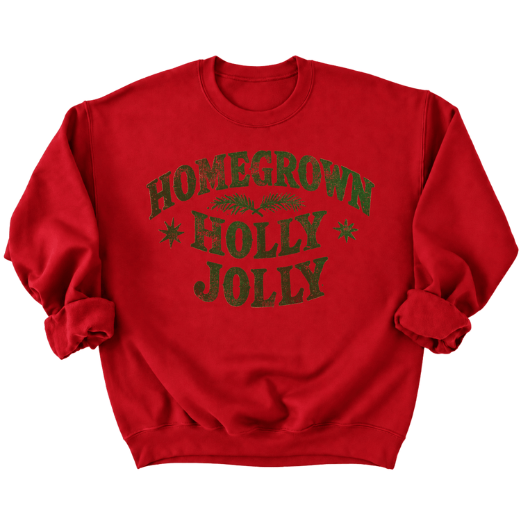 A red sweatshirt with the text "HOMEGROWN HOLY JOYL" printed on it.