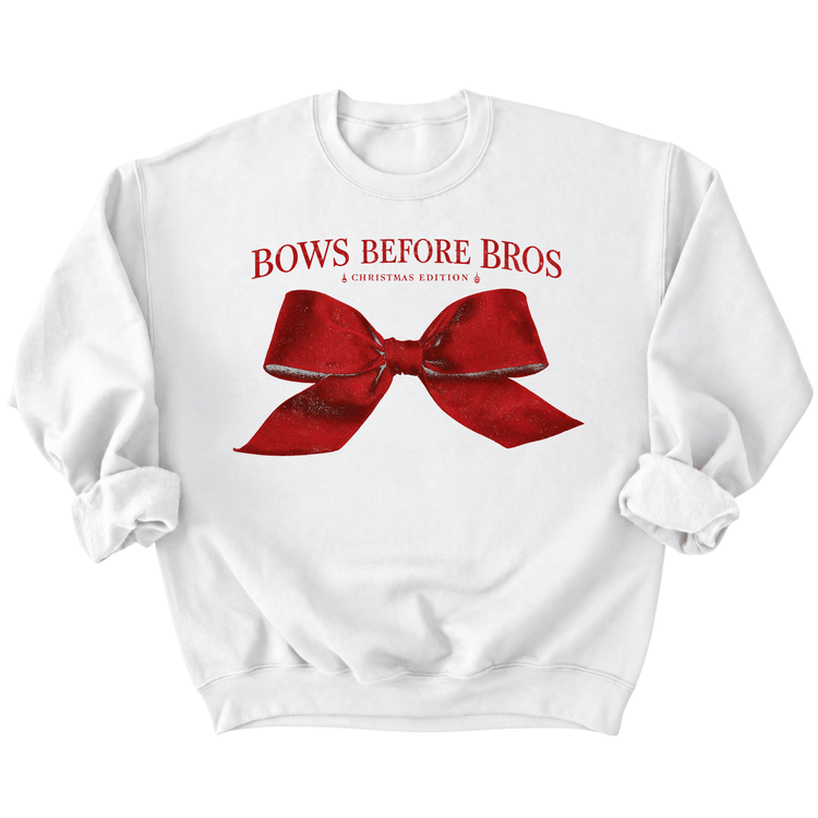 A white sweatshirt with a red bow and the text "BOWS BEFORE BROS" printed on it.