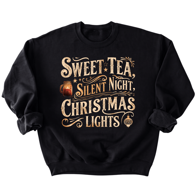 A black sweatshirt with a printed design on it. The design features text and decorative elements, such as a mug and a star.