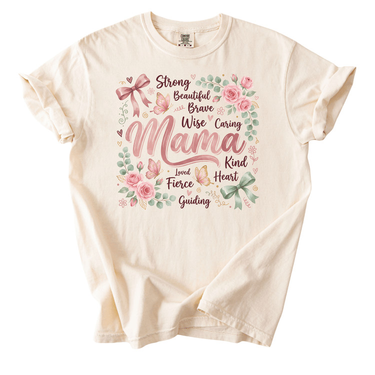 The image is a t-shirt with a floral design and text printed on it.