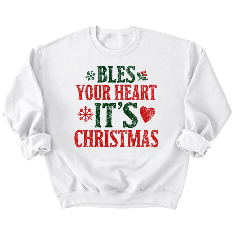 A white sweatshirt with a Christmas-themed design on it.