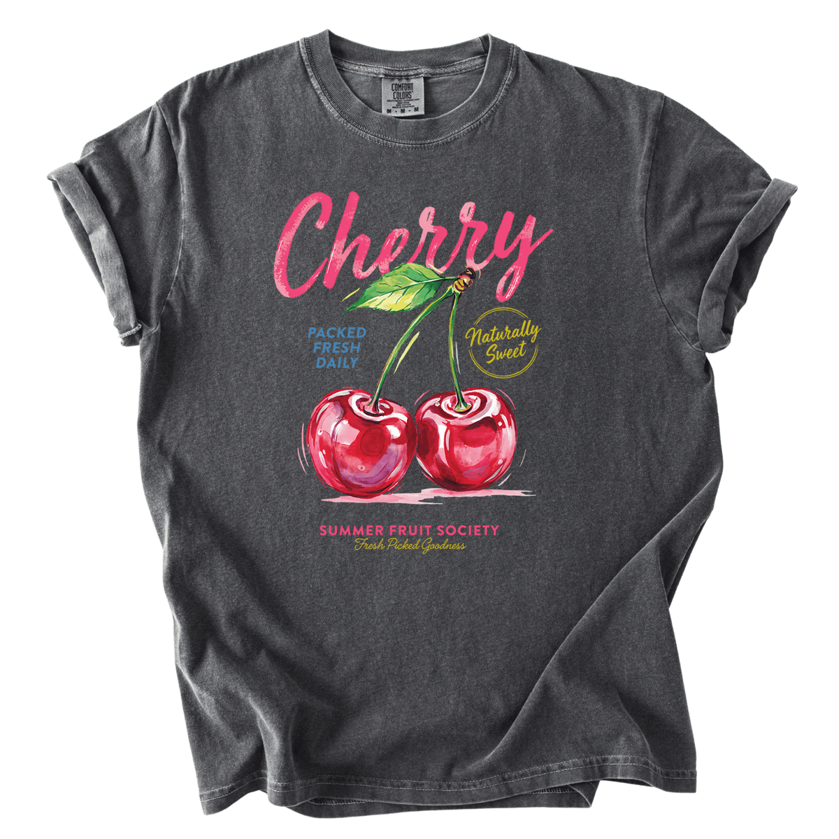 A gray t-shirt with a graphic design featuring two red cherries and text related to cherries.