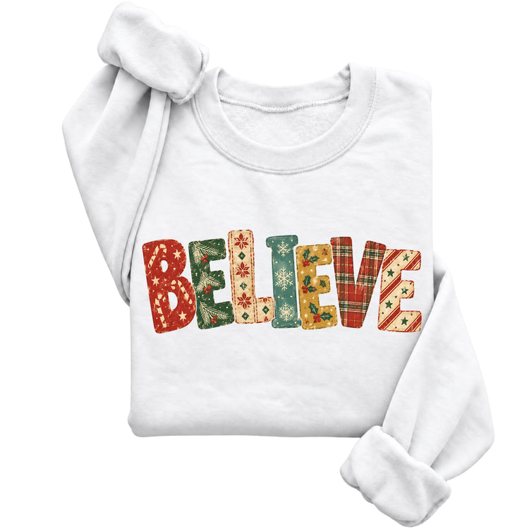 Believe Patchwork Christmas Crewneck Sweatshirt