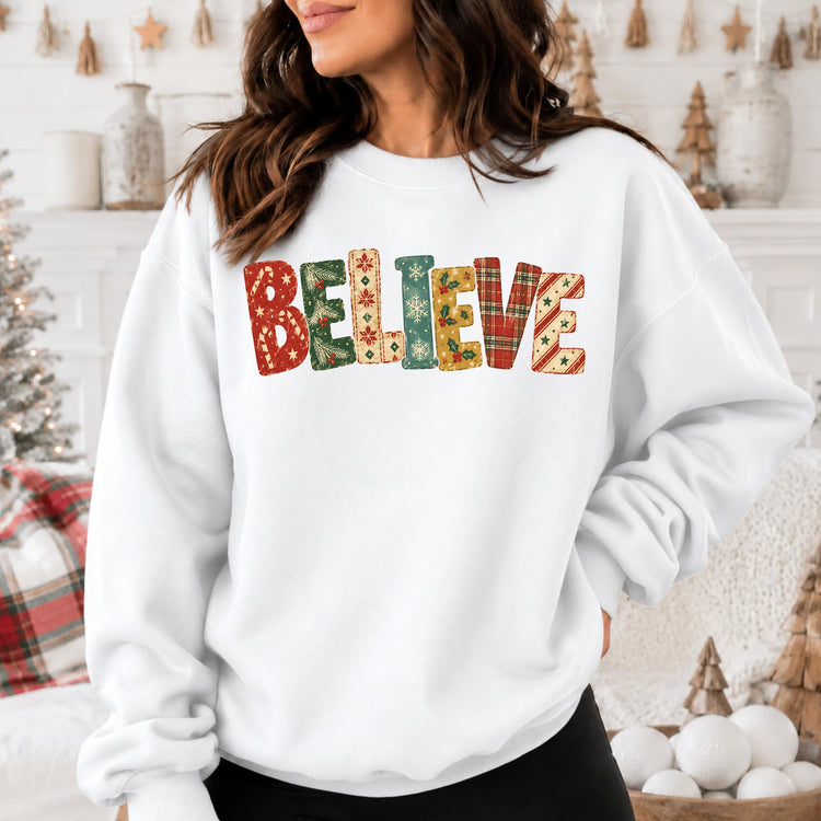 Believe Patchwork Christmas Crewneck Sweatshirt