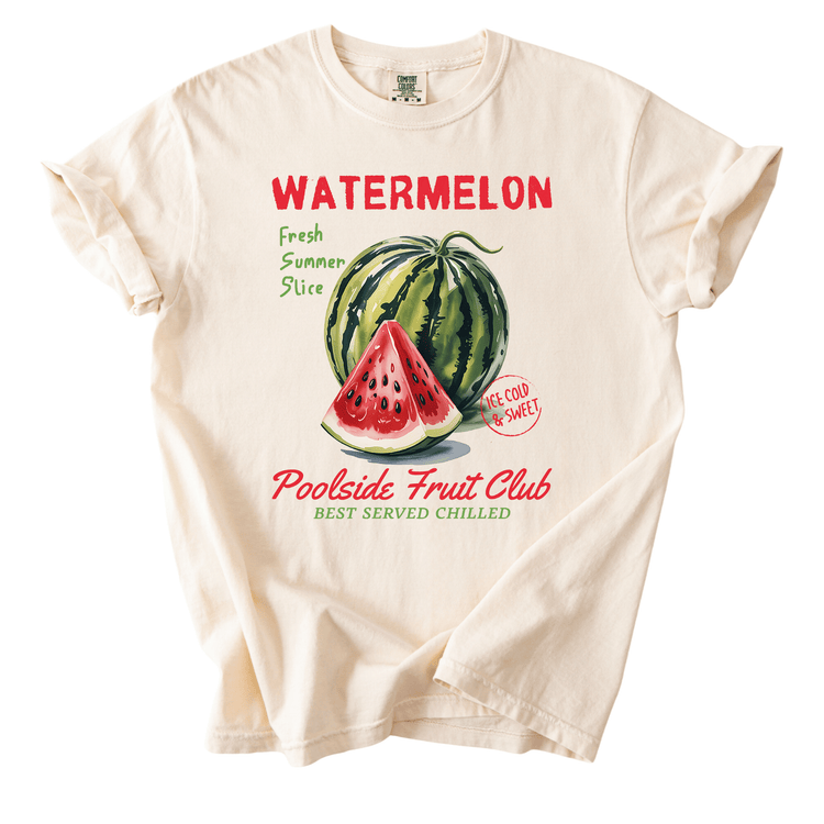 A white t-shirt with a graphic design featuring a watermelon slice and the text "Watermelon" prominently displayed.