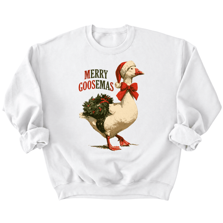 A white sweatshirt with a graphic of a goose wearing a Santa hat and a wreath on its back, along with the text "Merry Goosemas" printed on it.