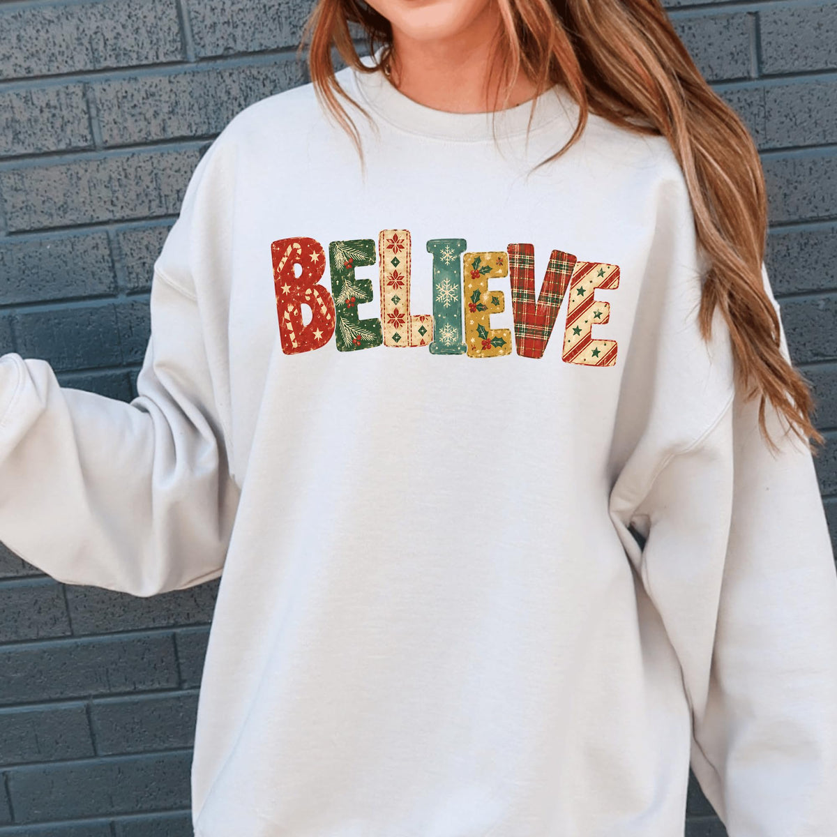 Believe Patchwork Christmas Crewneck Sweatshirt