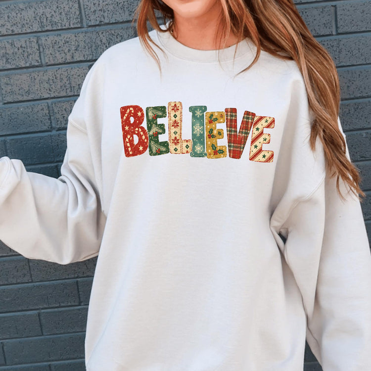 Believe Patchwork Christmas Crewneck Sweatshirt