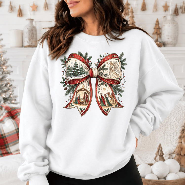 Nativity Christmas Bow Crewneck Sweatshirt