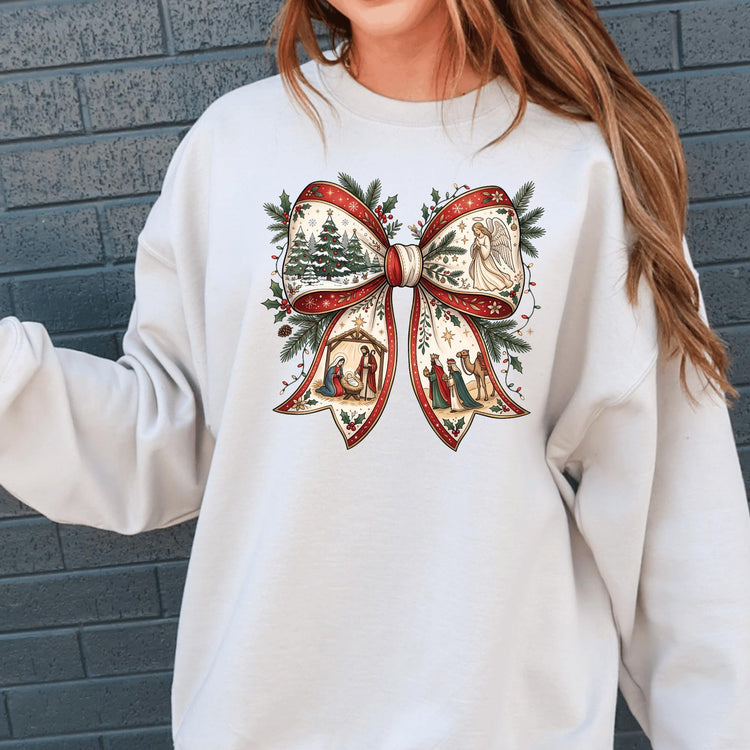 Nativity Christmas Bow Crewneck Sweatshirt