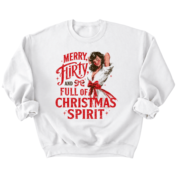 A white sweatshirt with a graphic design featuring a woman with a red bow around her neck and the text "Merry Flirty and Full of Christmas Spirit" printed on it.