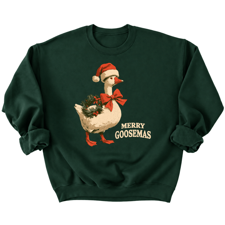 A green sweatshirt with a graphic of a goose wearing a Santa hat and holding a Christmas wreath.