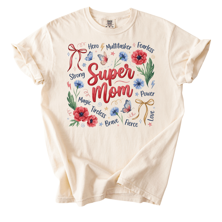 The image is a t-shirt with a floral design and text that reads "Super Mom".