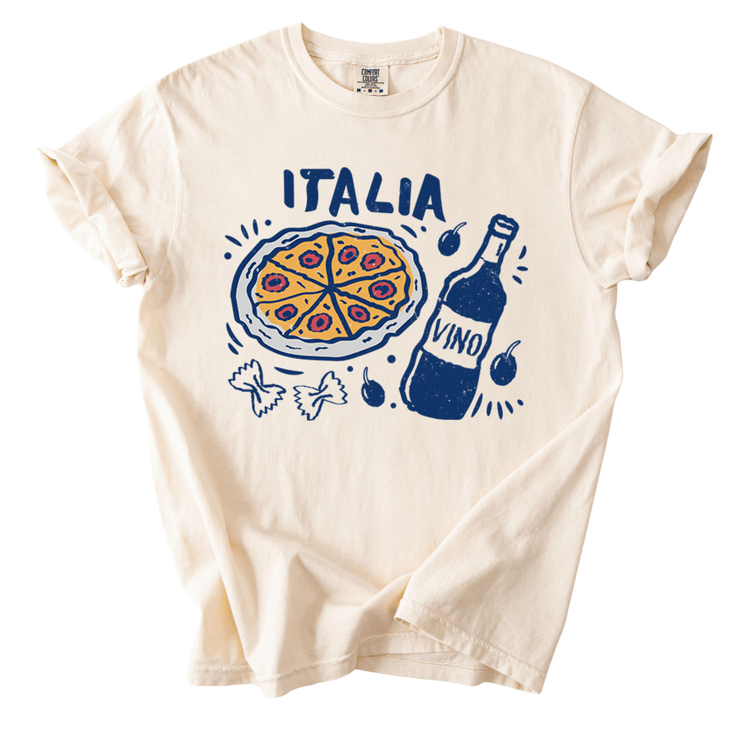 A white t-shirt with a graphic design depicting a pizza, a bottle of wine, and some pasta.