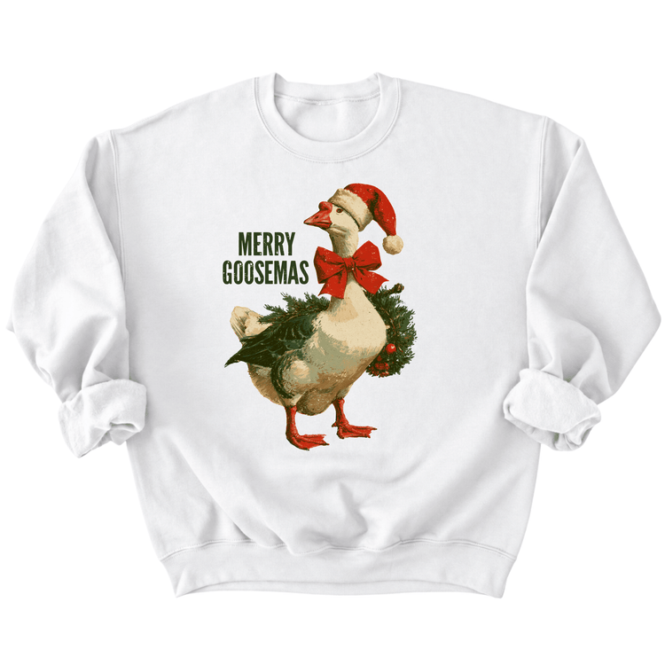 A white sweatshirt with a graphic of a goose wearing a Santa hat and holding a wreath, along with the text "Merry Goosemas" printed on it.