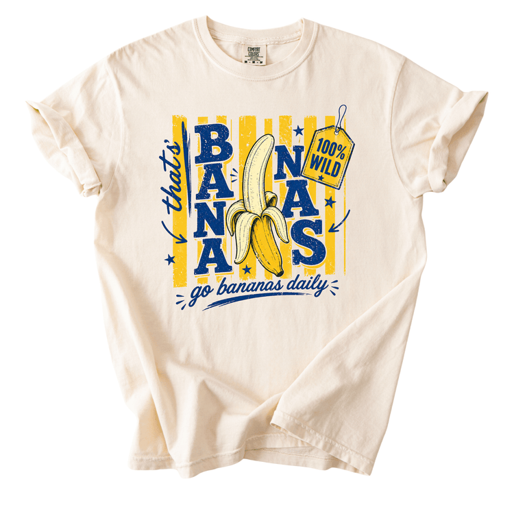 A white t-shirt with a graphic design featuring a banana and the text "go bananas daily" printed on it.