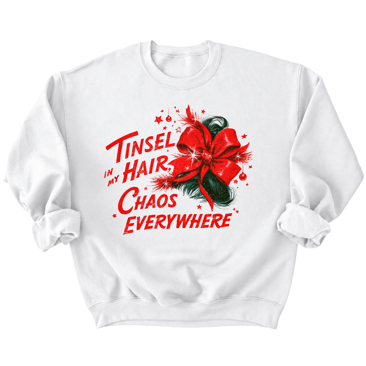 A white sweatshirt with a red bow and text printed on it.