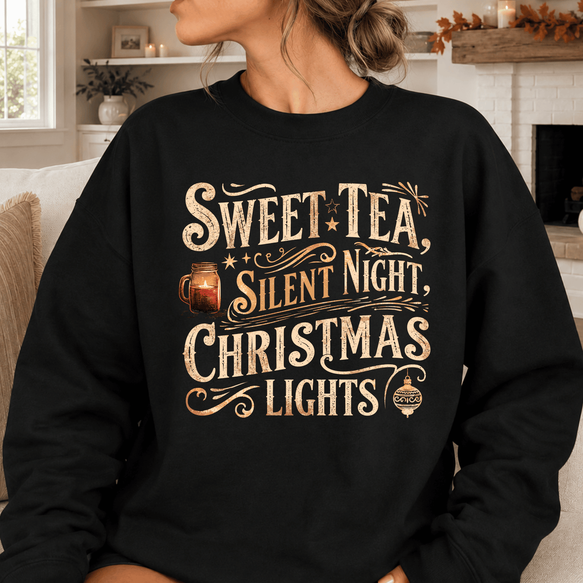 A black sweatshirt with a printed design that says "Sweet Tea, Silent Night, Christmas Lights" in a decorative font.